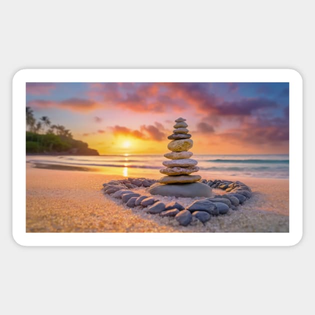 Stones cairn on the beach Sticker by psychoshadow